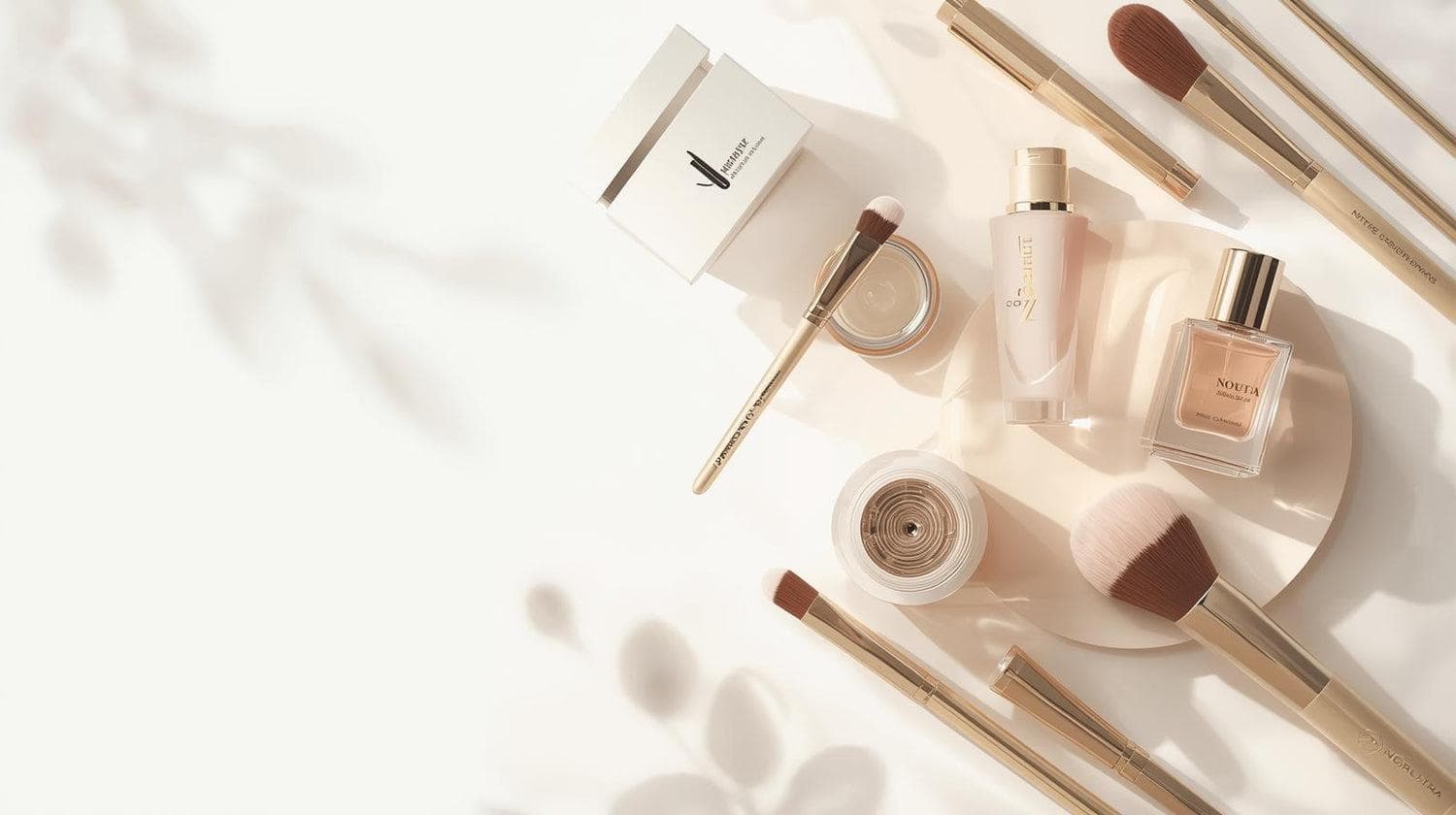 Gold vanity brushes, perfume, and cream jars arranged in soft natural light