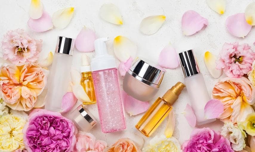 Skincare and fragrance bottles nestled among pink and peach garden roses