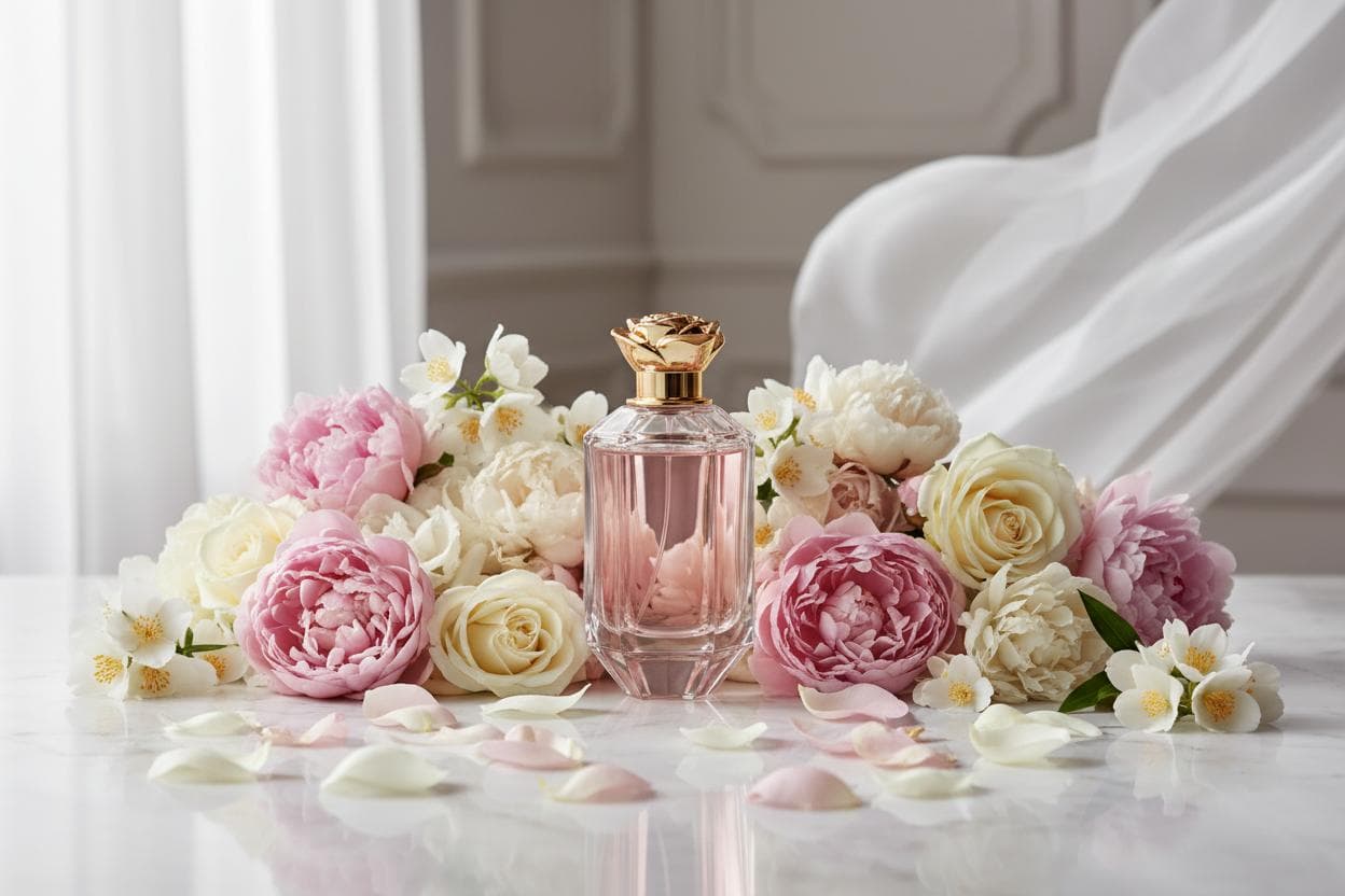 Rose-gold perfume bottle nestled among pink and cream peonies and roses on a marble surface
