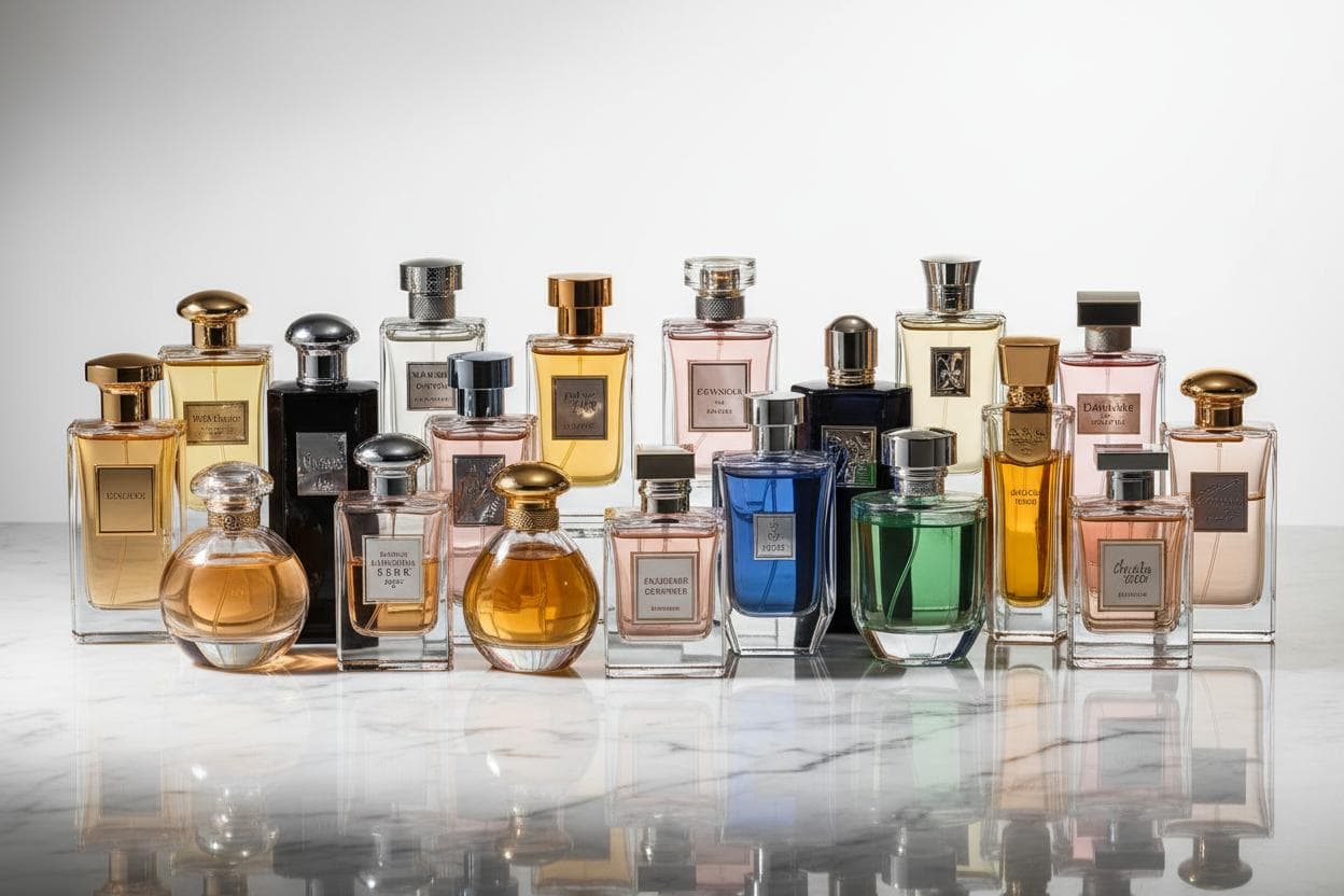 Assorted designer perfume bottles arranged on a mirrored marble surface