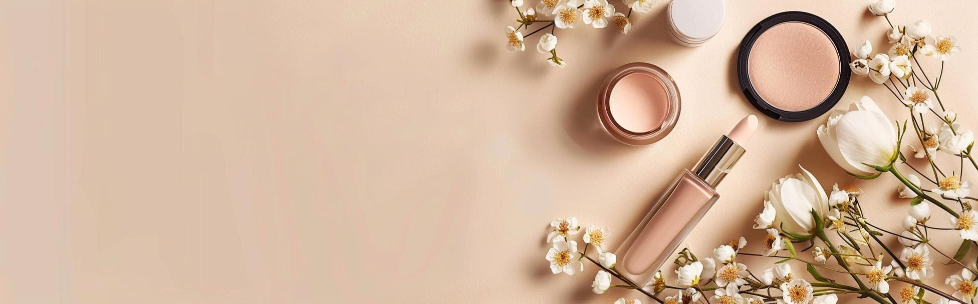Lipstick, cream jar, and highlighter compact styled among white blossoms